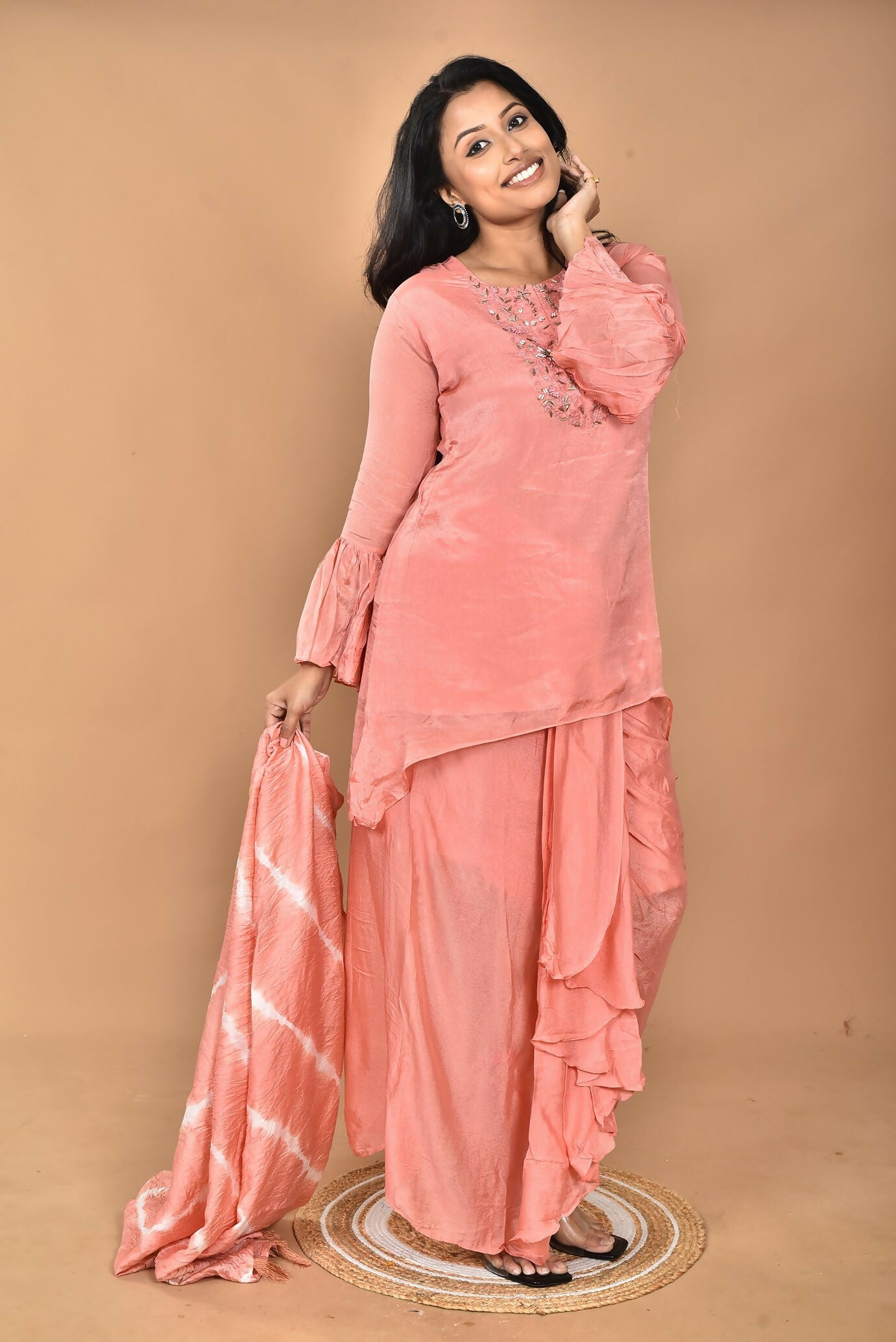 Morchari Women And Hand Embroidery Palazzo Set-Peach - Swadesiicart