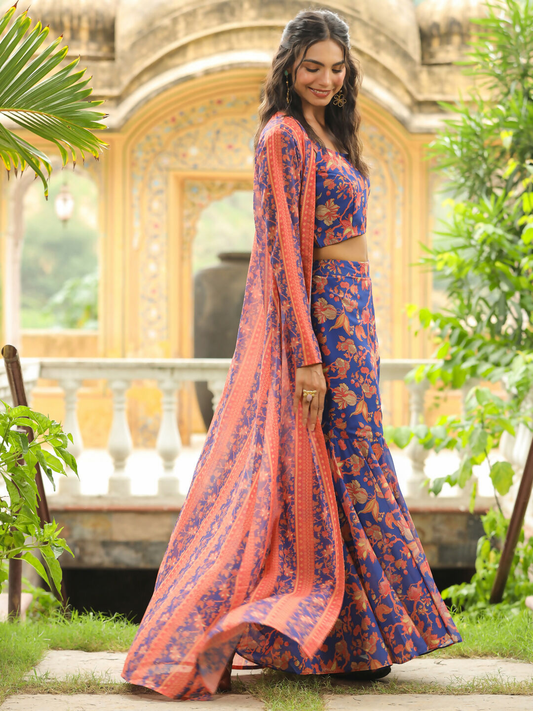 Janasya Navy Blue Georgette Floral Top,Bottom & Jacket | Swadesiicart