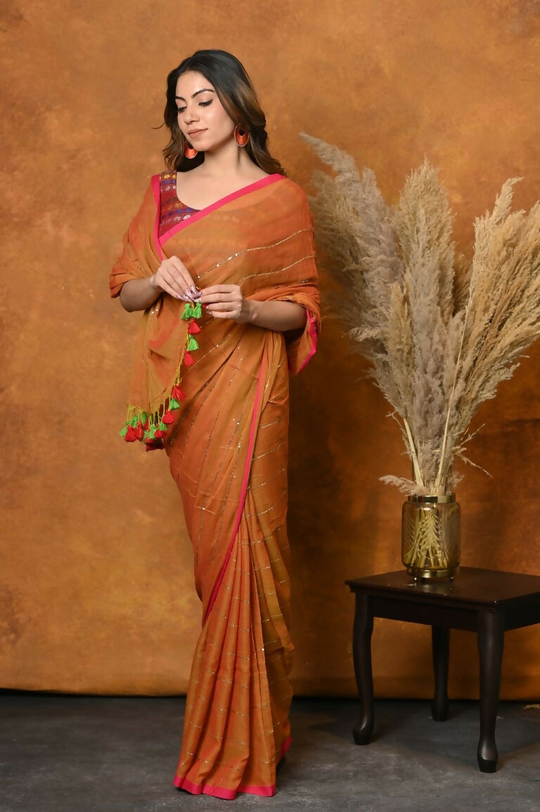 Very Much Indian Designer Mul Cotton Handloom Saree with Sequins - Orange | Swadesiicart