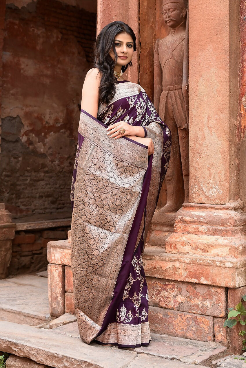 Joban Fashion Purple Pure Katan Pure Handloom Banarasi Silk Saree | Swadesiicart