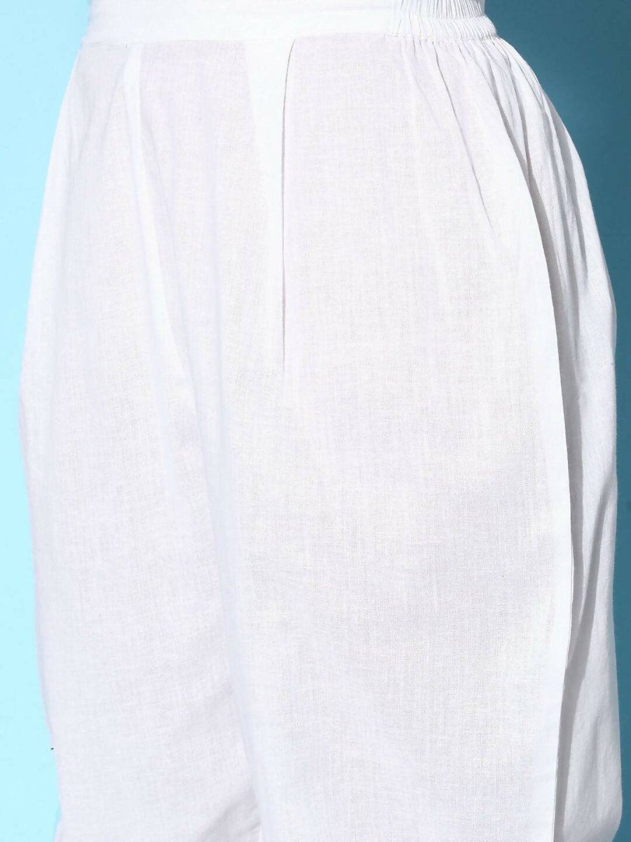 Ahalyaa Women's White Colour Pure Cotton Pigment Printed Kurta Pant Set With Dupatta | Swadesiicart