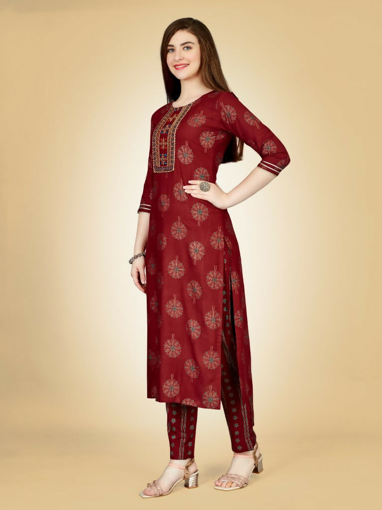 Jyoti Fashion Women's Maroon Viscose Rayon Embroidered Kurta Pant Set | Swadesiicart