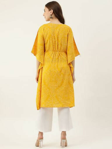 FIORRA Women's Printed Pure Cotton Kaftan Kurta - Yellow - Swadesiicart