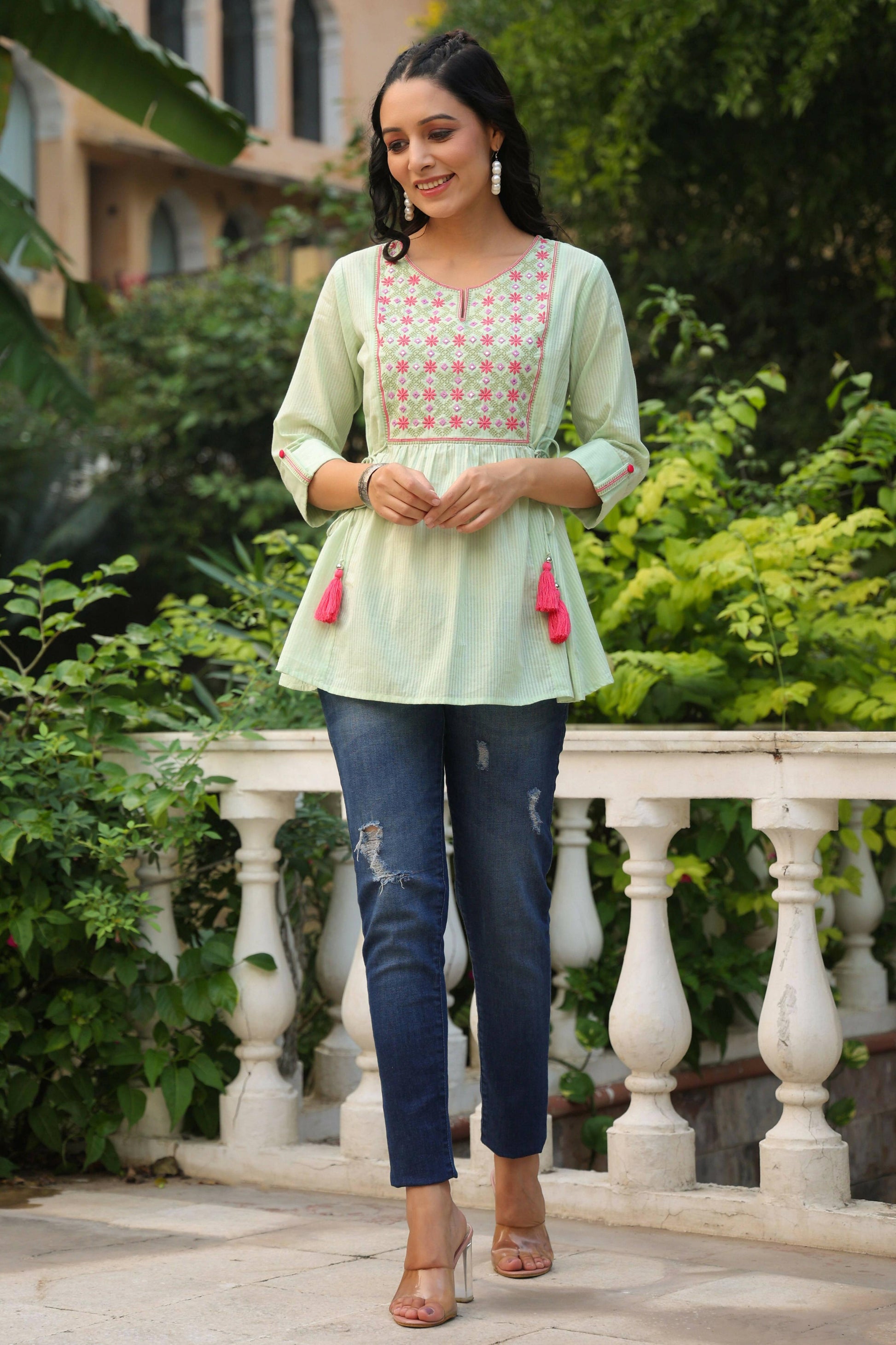 Juniper Women's Green Cotton Dobby Solid Embroidered Straight Tunic | Swadesiicart