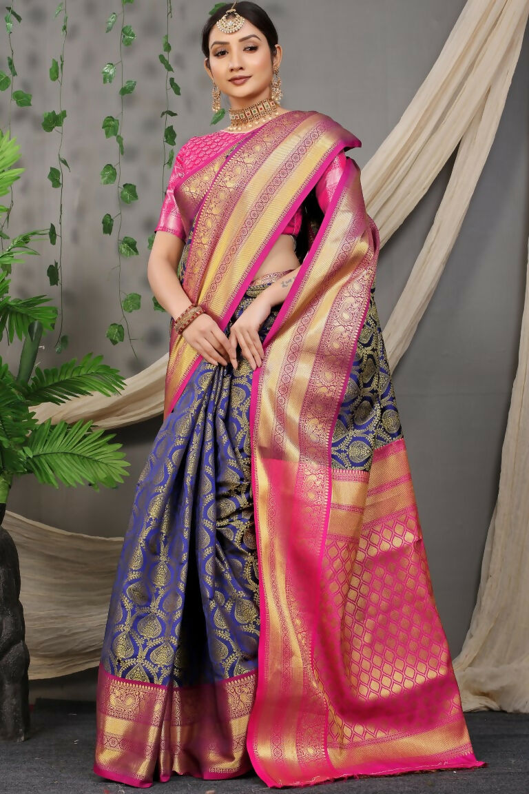 Jyoti Fashion Women's Navy Blue Kanjivaram Silk Zari Woven Saree with Blouse | Swadesiicart