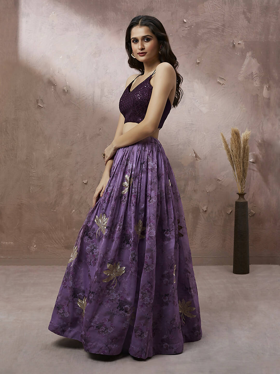 House of Panchhi Lavender Organza Floral Printed Lehenga choli & Dupatta | Swadesiicart