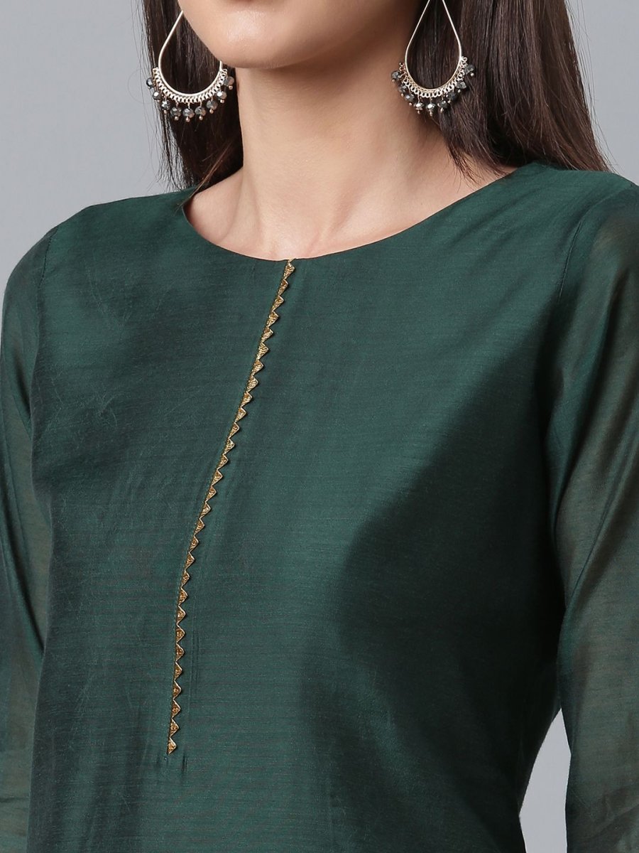 Ahalyaa Dark Green Chanderi Solid Kurta With Palazzo And Dupatta Set | Swadesiicart