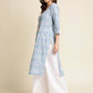 Blue Linen Floral Printed Straight Fit Kurta - Prasuti