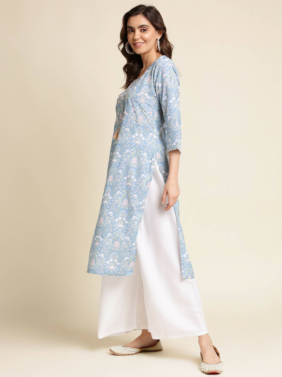 Blue Linen Floral Printed Straight Fit Kurta - Prasuti