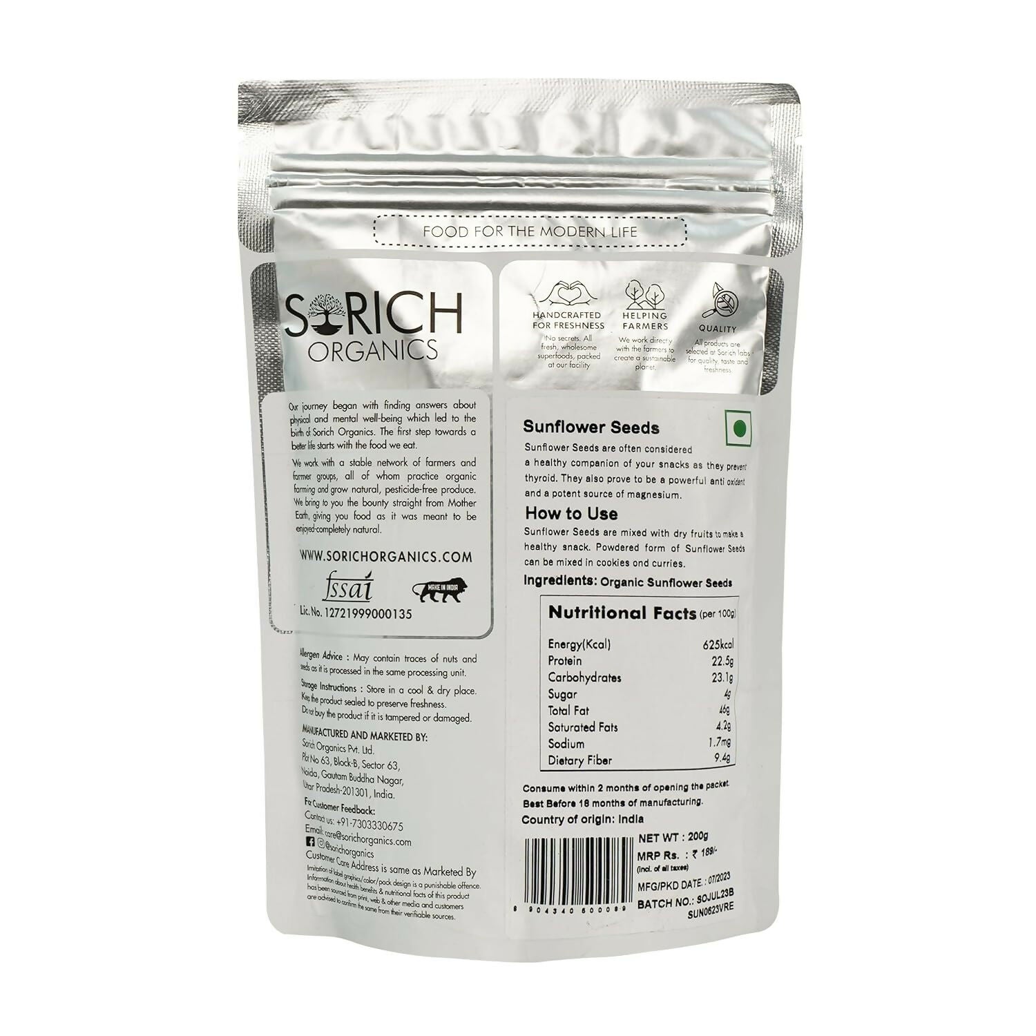 Sorich Organics Raw USDA Organic Sunflower Seeds - Swadesiicart