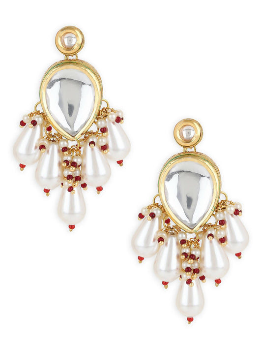 Gold-Toned White Kundan Contemporary Gold-Polished Drop Earrings - Ruby Raang - Swadesiicart