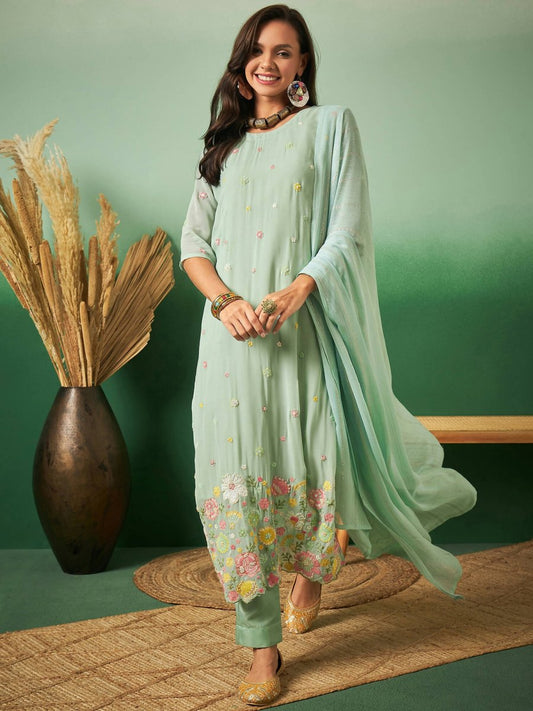Aqua Blue Georgette Handwork Unstitched Dress Material - Hanika | Swadesiicart