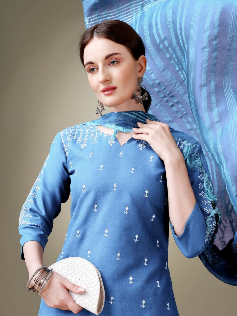 Jyoti Fashion Women's Sky Blue Cotton Blend Embroidery & Sequence work Kurta with Trouser & Dupatta | Swadesiicart