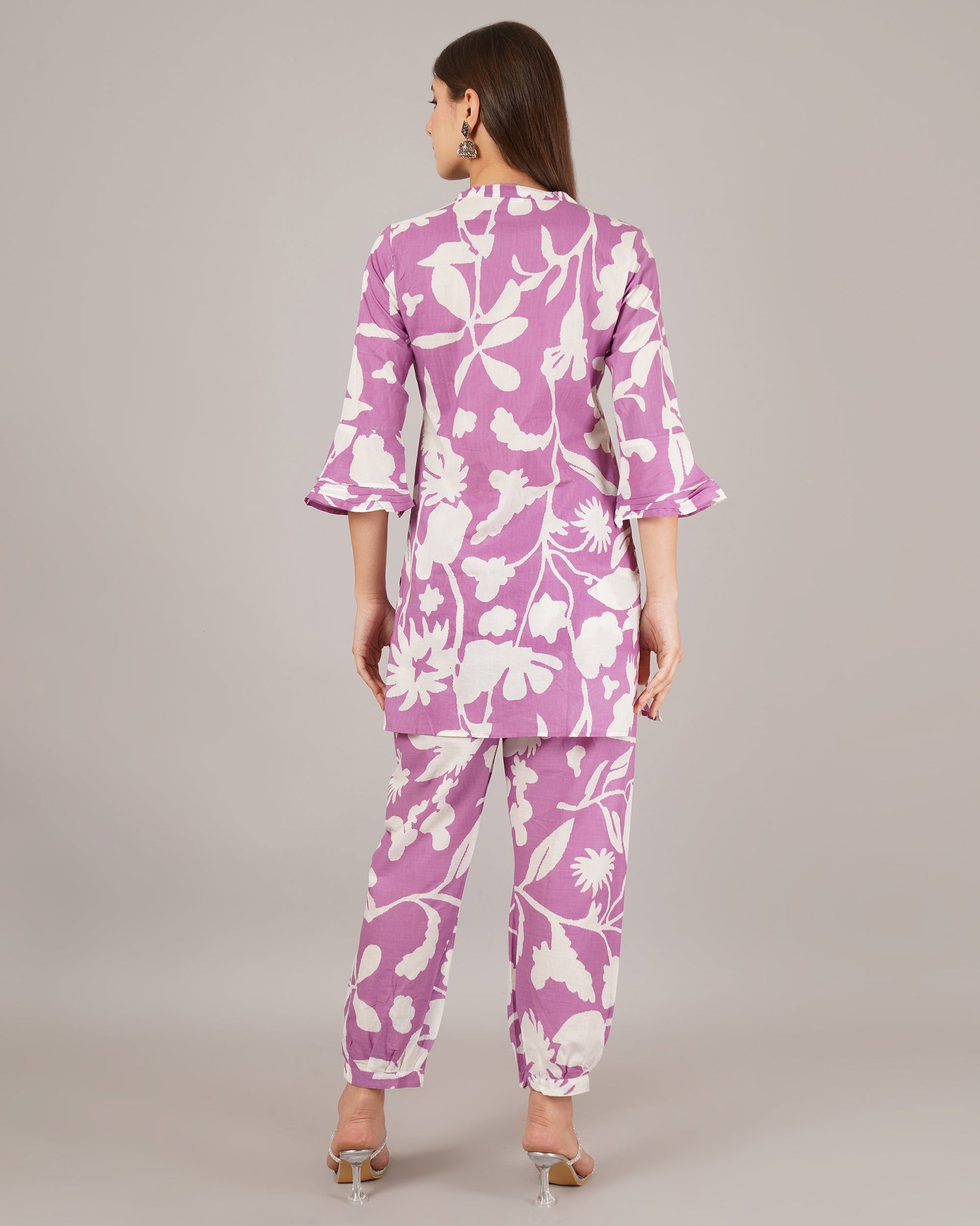 Jaitra Apparels White And Purple Printed Premium Pure Cotton Co-Ord Set For Women - Swadesiicart