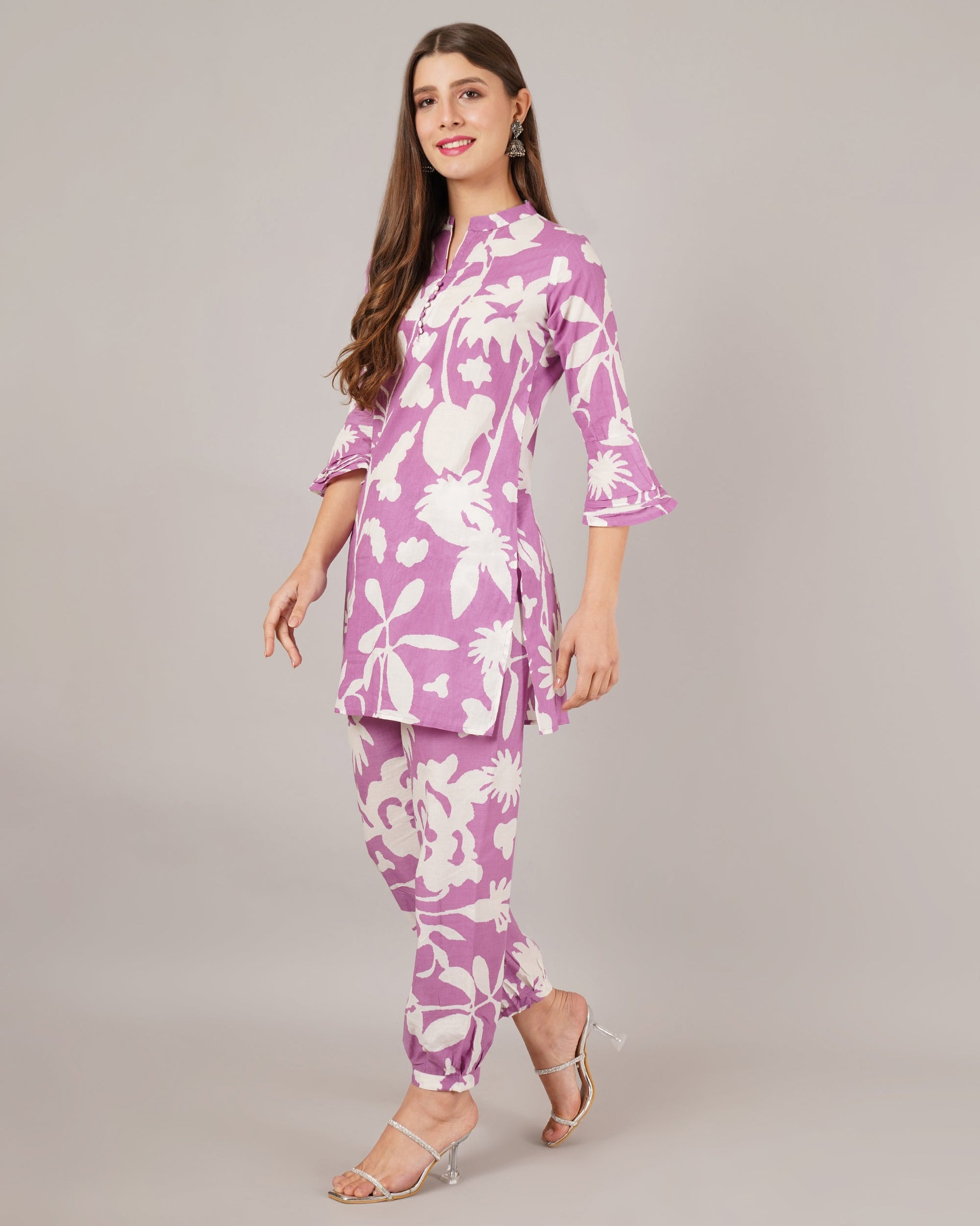 Jaitra Apparels White And Purple Printed Premium Pure Cotton Co-Ord Set For Women - Swadesiicart