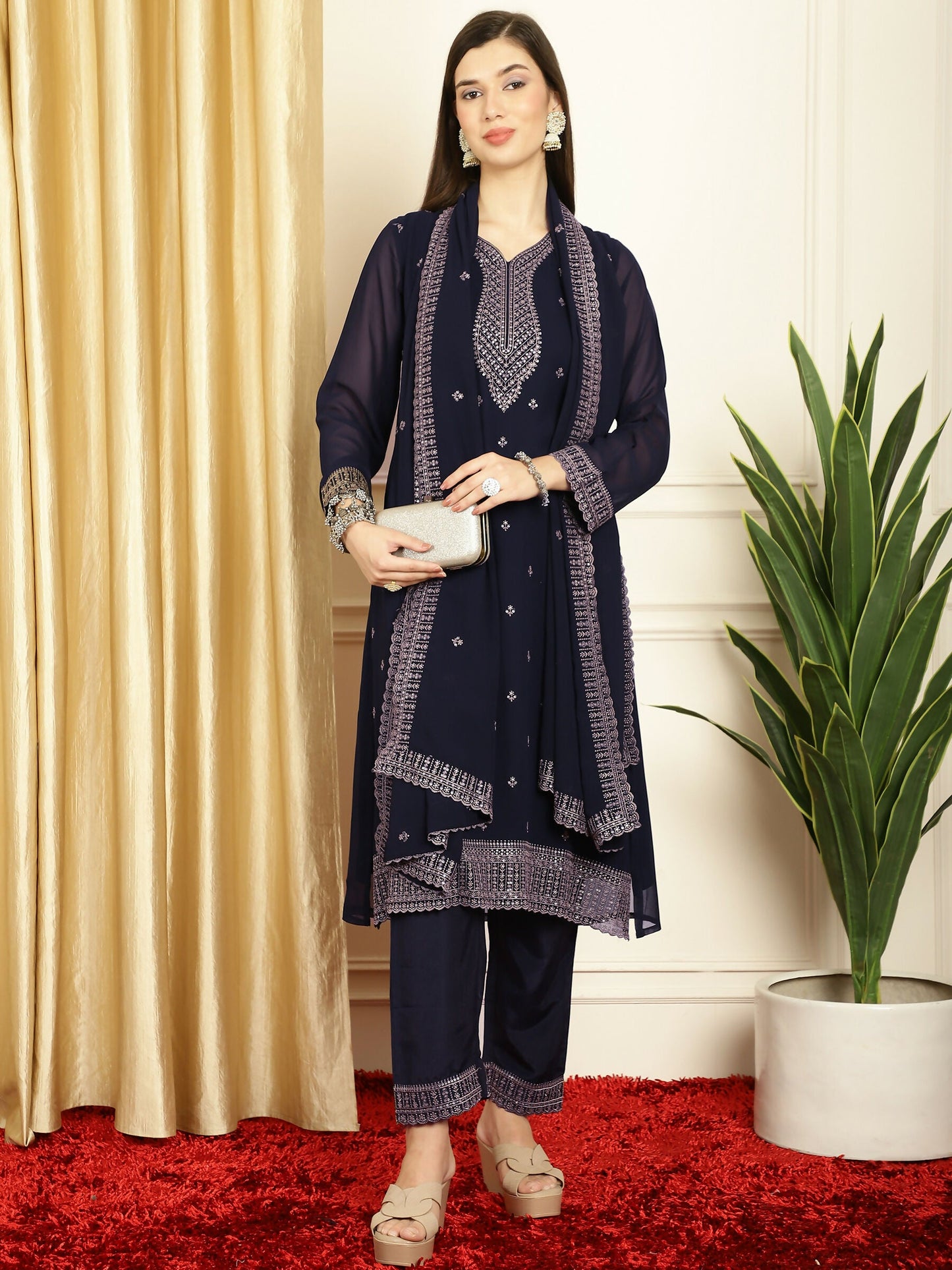 Jyoti Fashion Women's Navy Blue Georgette Resham Thread & Sequin Kurta with Trouser & Dupatta | Swadesiicart