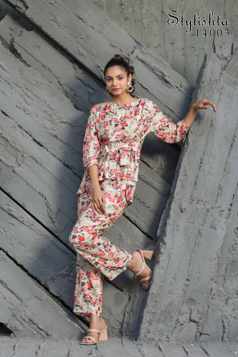 Women's Partywear Designer White & Multi Muslin co-ord set - Stylishta - Swadesiicart