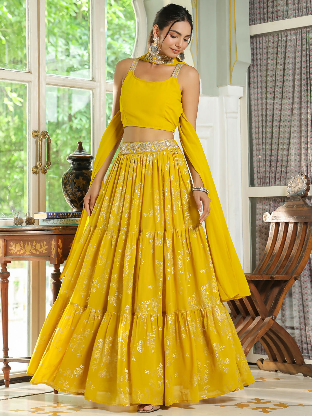 Janasya Yellow Georgette Solid Lehenga Choli Dupatta | Swadesiicart