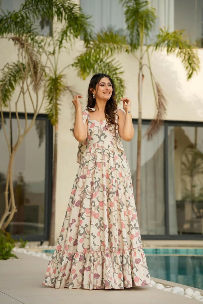 Aayaa Designer Cambric Cotton Printed Full Flaired Gown - Multi Color