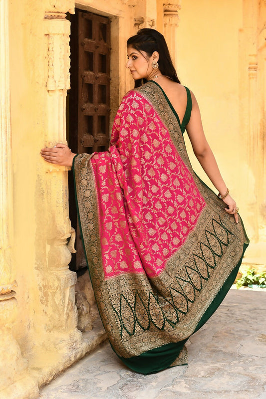 Joban Fashion Pink Crepe Chiffon Pure Handloom Banarasi Silk Saree | Swadesiicart