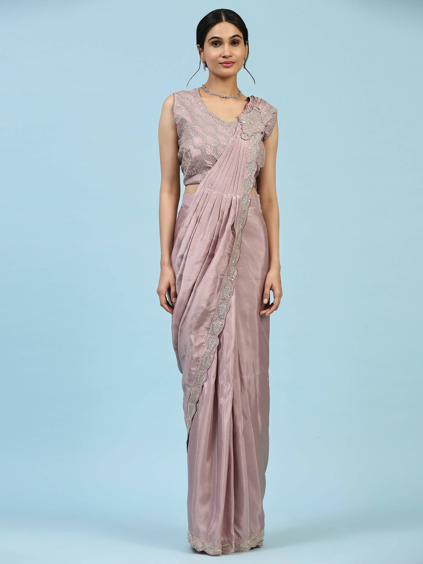Lavendar Silk Satin Plain Ready to wear Saree with stitched Blouse - Vrinda | Swadesiicart