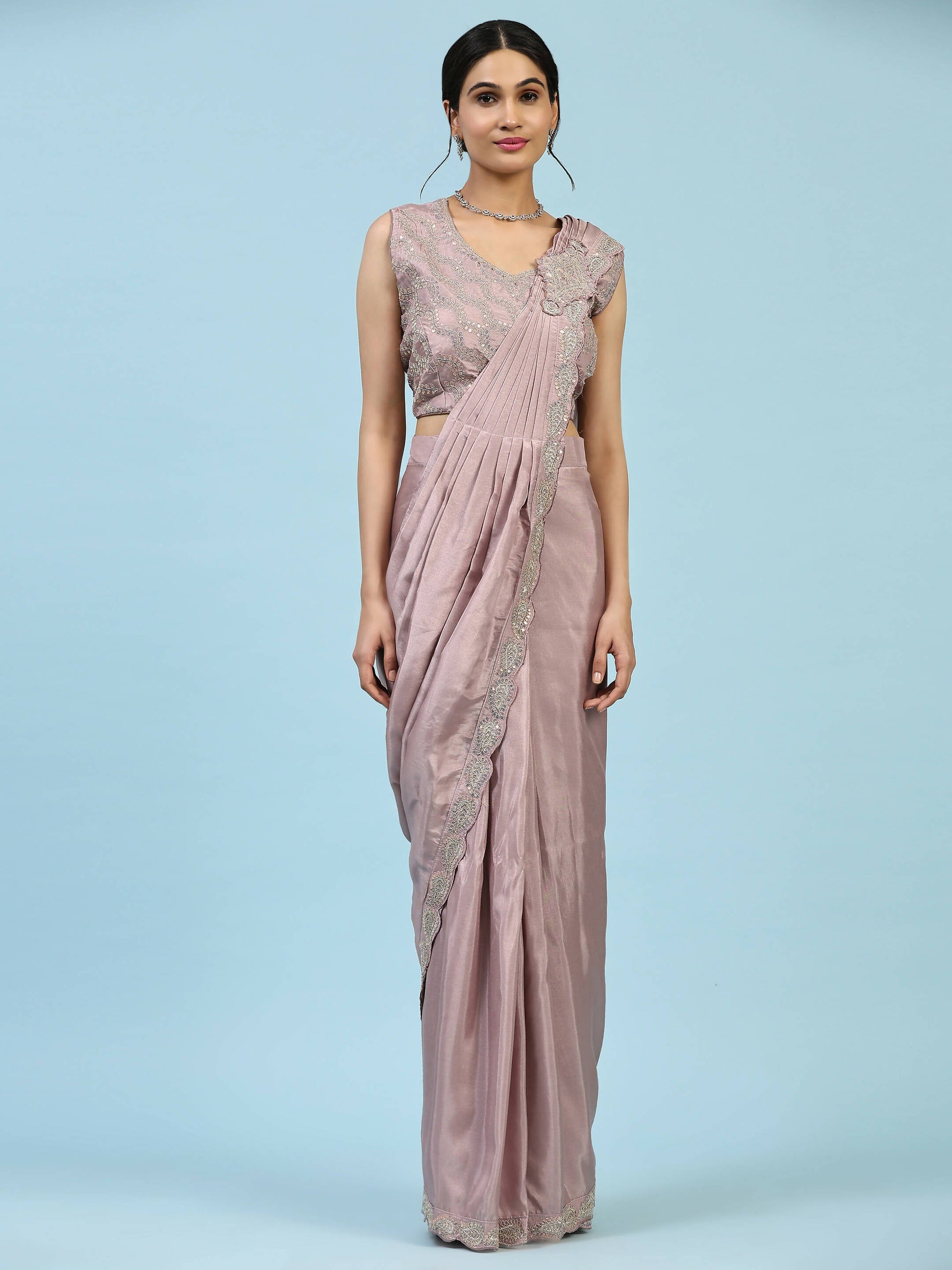 Lavendar Silk Satin Plain Ready to wear Saree with stitched Blouse - Vrinda | Swadesiicart