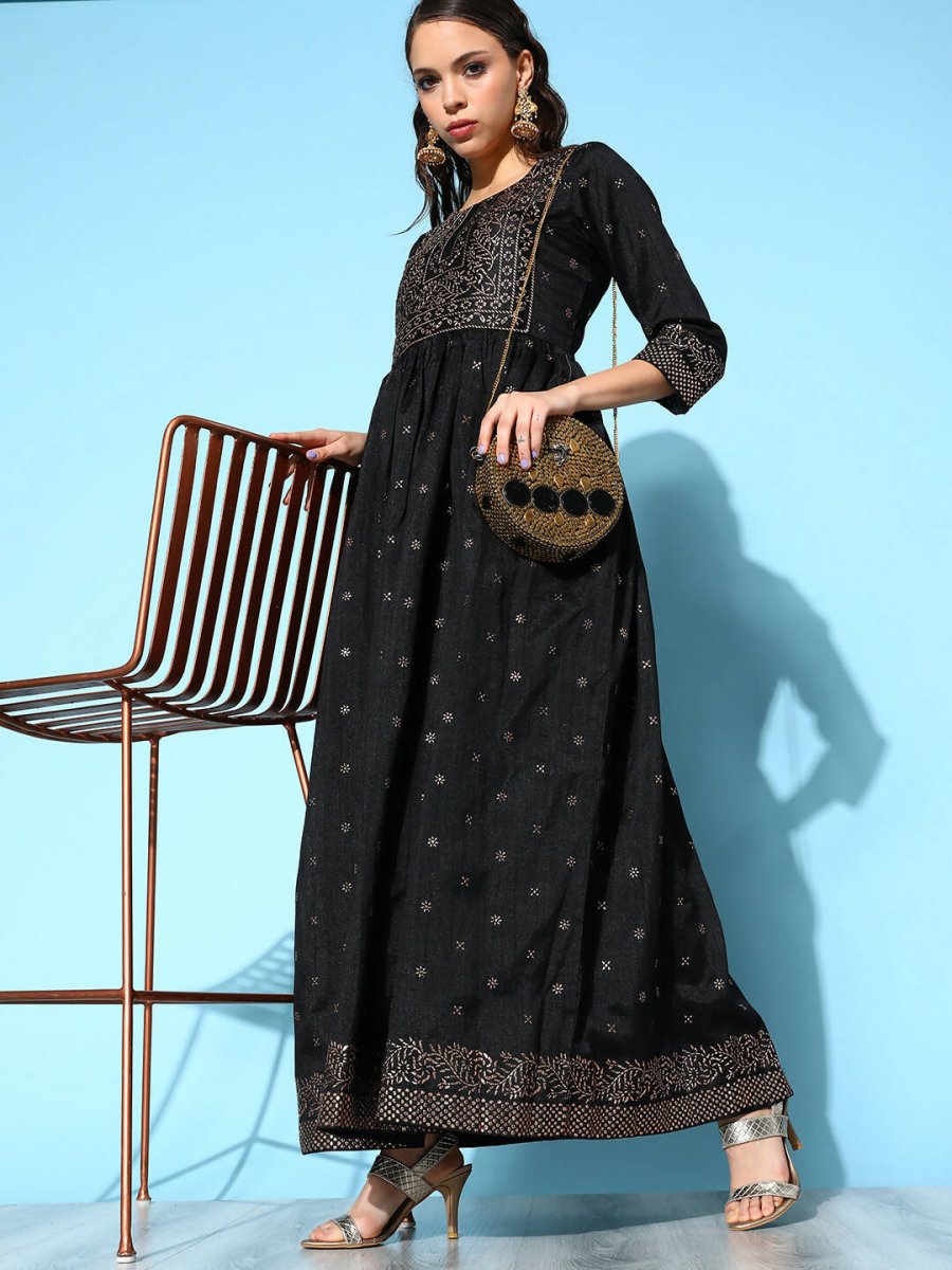 Ahalyaa Women Black Poly Silk Printed Dress | Swadesiicart