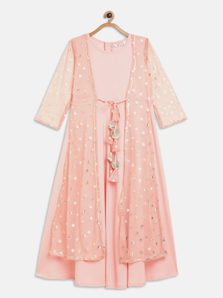 Ahalyaa Pink Crepe & Net Foil Print Kids Dress For Girls | Swadesiicart