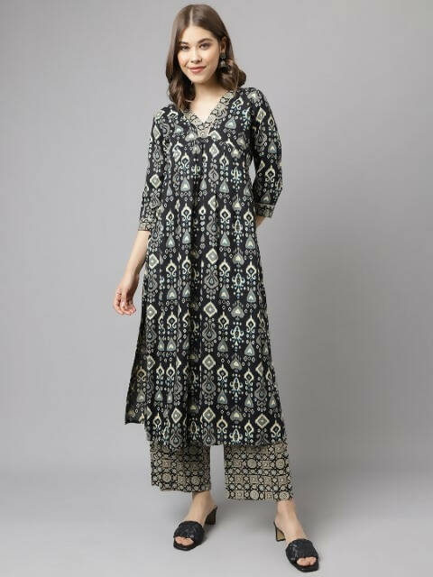 FIORRA Women's Black Cotton A-Line Kurta Palazzo Set - Swadesiicart