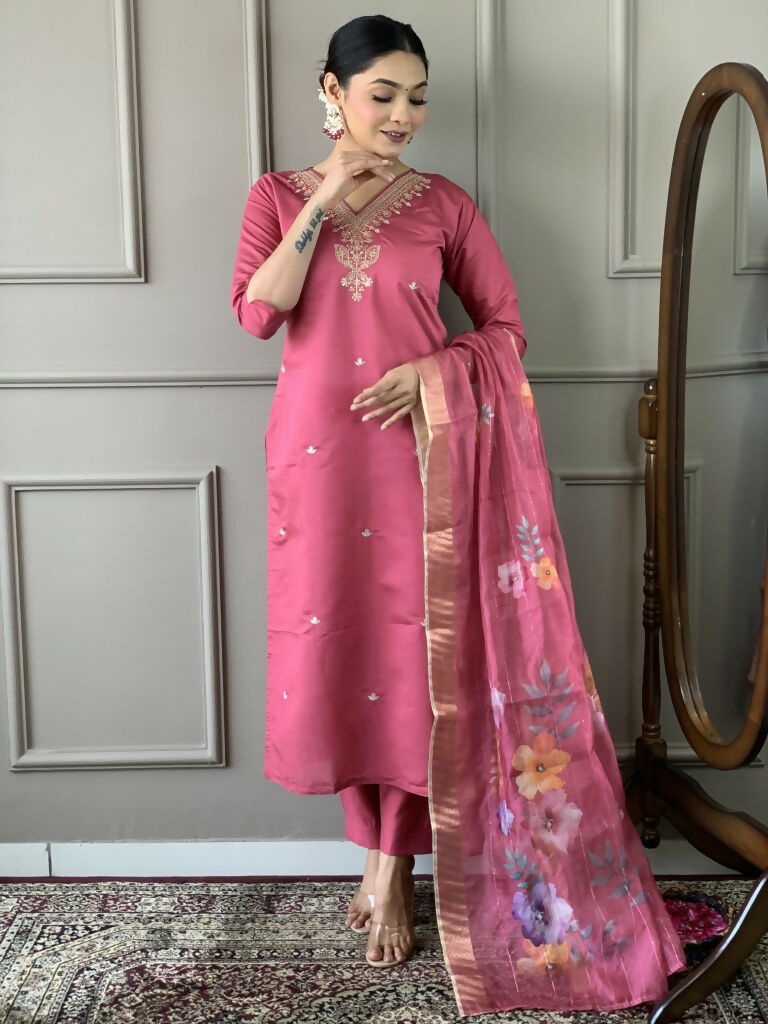 Light Pink Viscose chanderi Stitched Suit With Dupatta - Tanisha | Swadesiicart