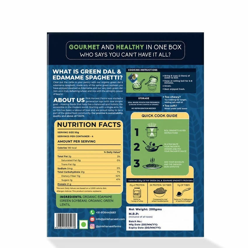 Pink Harvest Organic 100% Green Dal & Edamame Spaghetti Noodles - Swadesiicart
