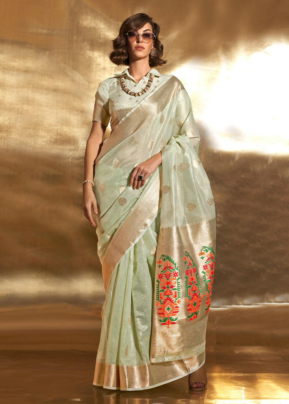 Green Handwoven Tissue Fabric Festive & Party Style Saree - Emponline | Swadesiicart