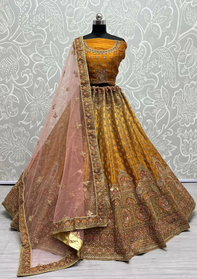 Jyoti Fashion Women's Golden Bridal Net Fancy Dori & Sequins Multi Thread Embroidered with Diamond Work Wedding Lehenga Choli | Swadesiicart