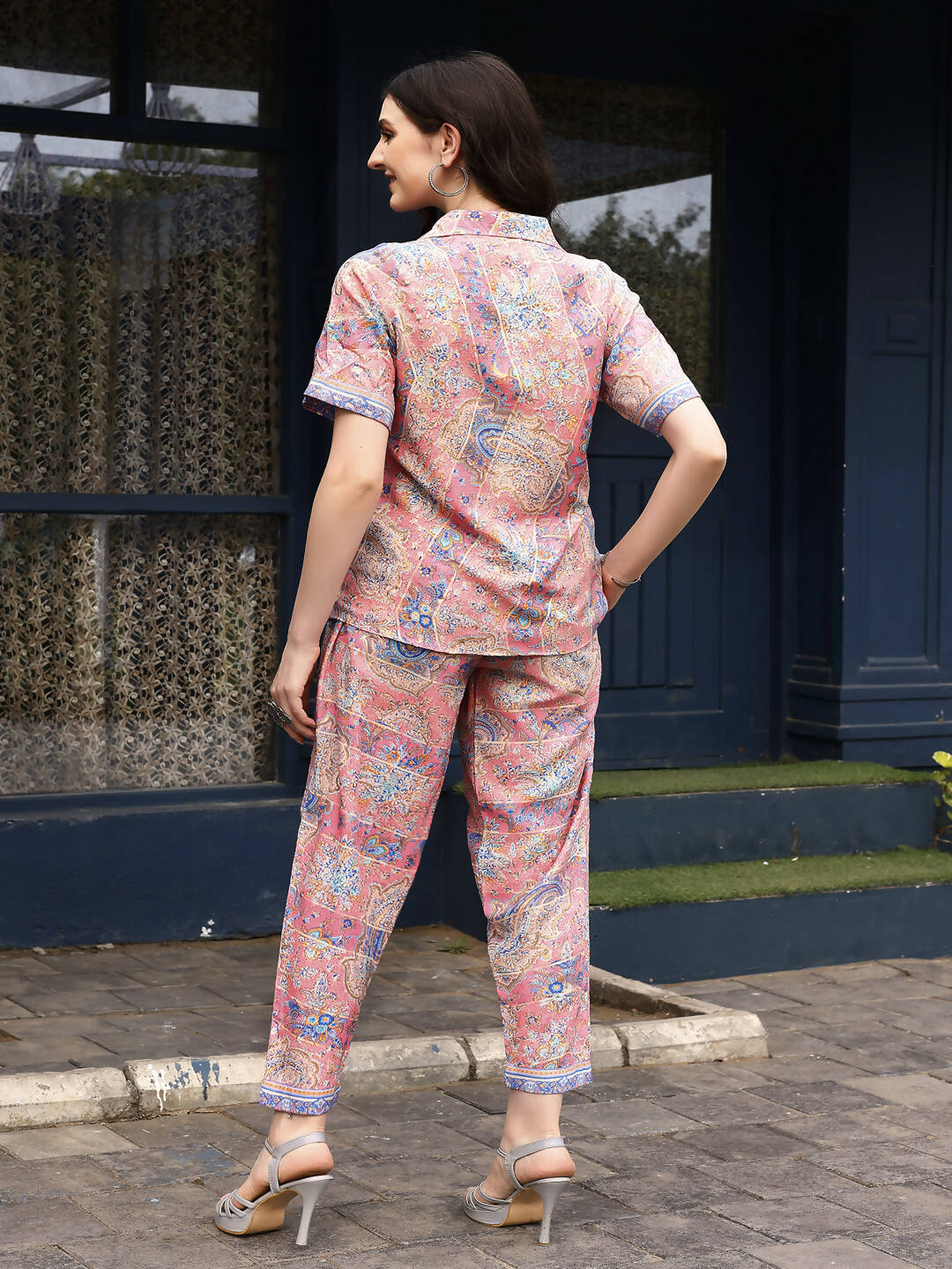 Pink Rayon Floral Printed Top with Matching Bottom - Eesha - Swadesiicart