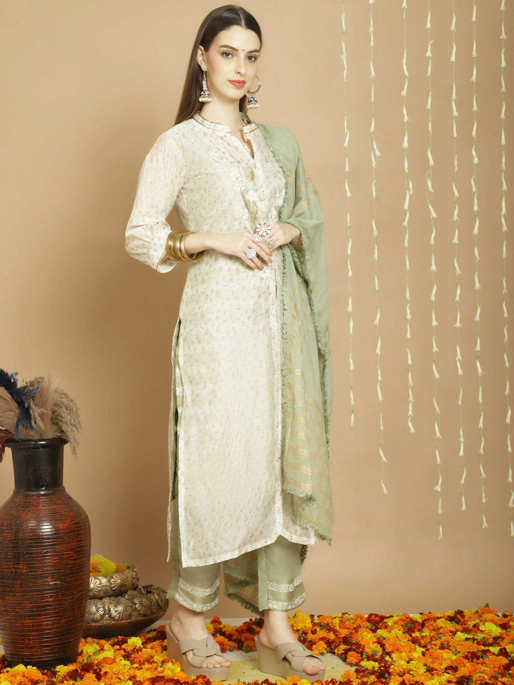 Jyoti Fashion Women's Off White Chanderi Silk Elegant Jardoshi Kurta with Trouser & Dupatta | Swadesiicart