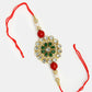 NVR Women & Men Set of 2 Red & Gold Toned Stone-Studded & Beaded Bhaiya Bhabhi Rakhi With Roli Chawal & Chocolate | Swadesiicart