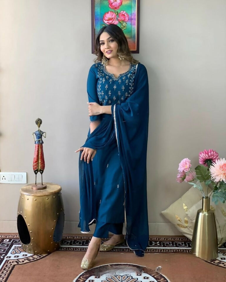 Ethnic Festive Wear Reyon Slub Rama Stitched Suit With Dupatta - Tanisha | Swadesiicart