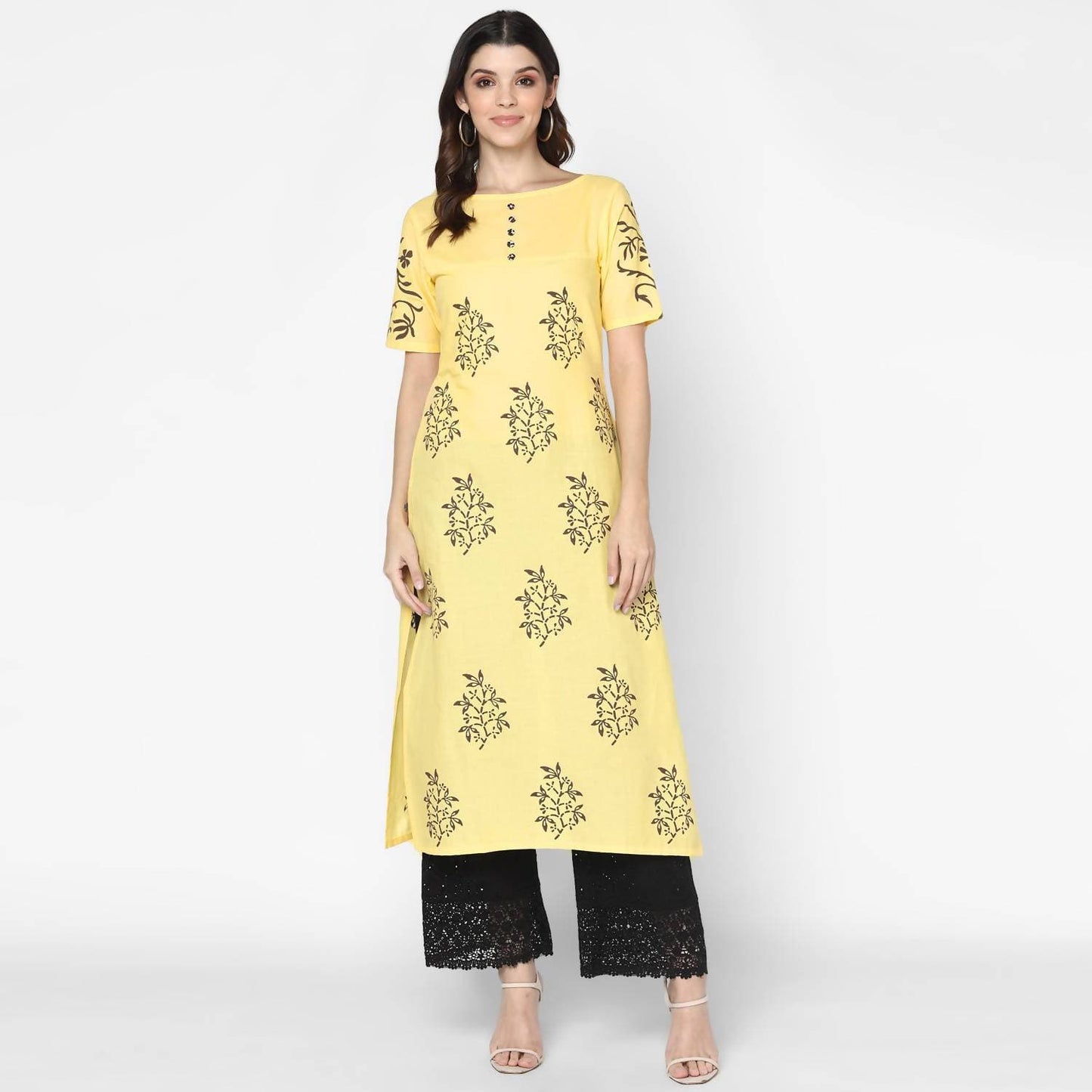 Cheera Hand Block Print Pale Yellow Straight Kurta (MAAI-056K) | Swadesiicart