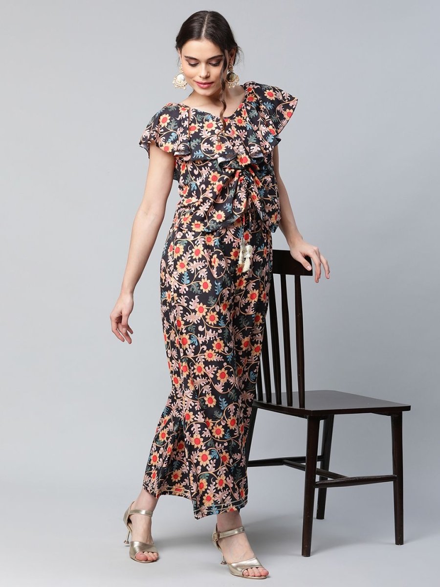 Ahalyaa Women Black Crepe Digital Print Top with Palazzo Set | Swadesiicart