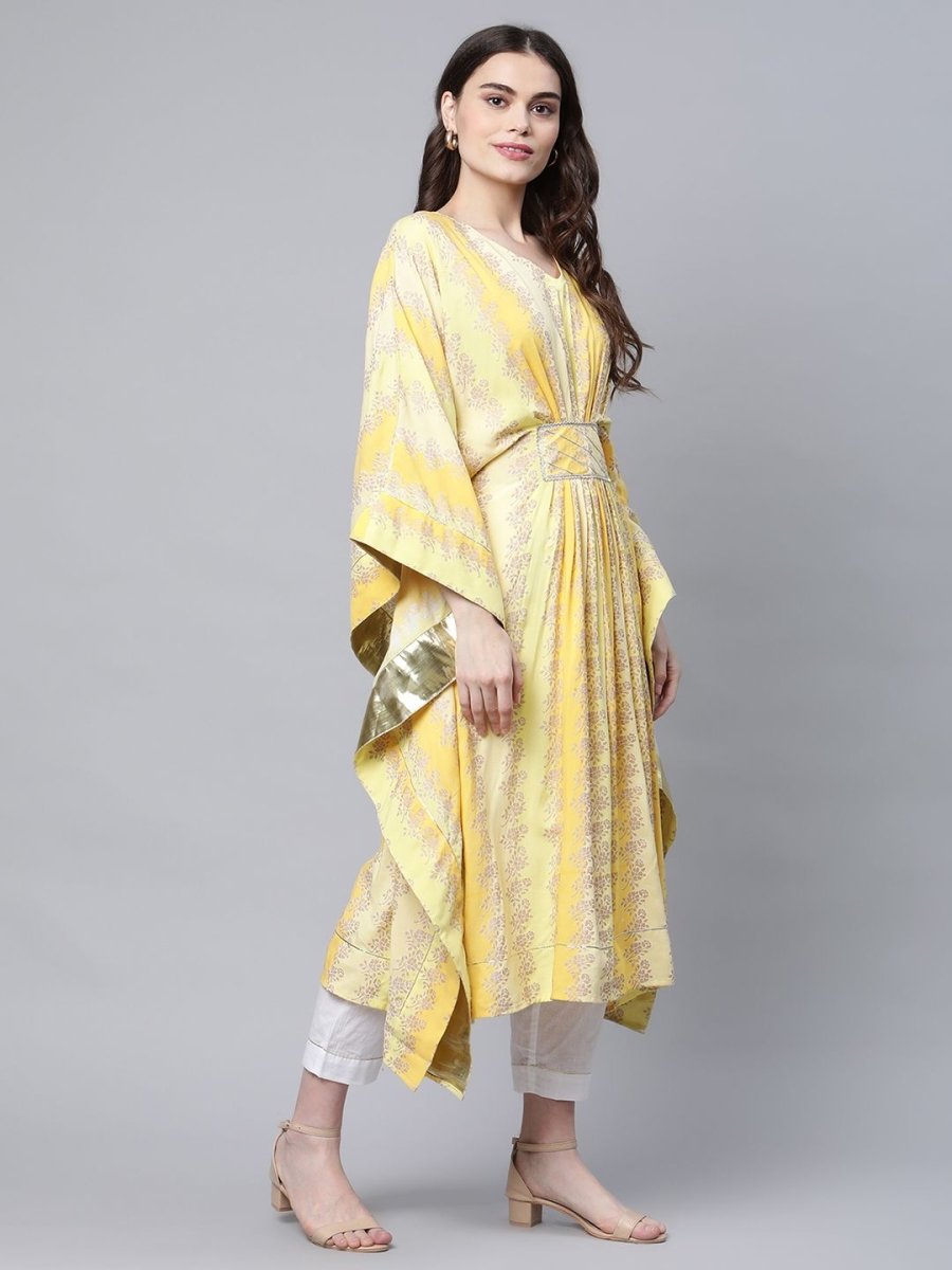 Ahalyaa Women Yellow Rayon Printed Flared Sleeve Kaftan Kurta | Swadesiicart