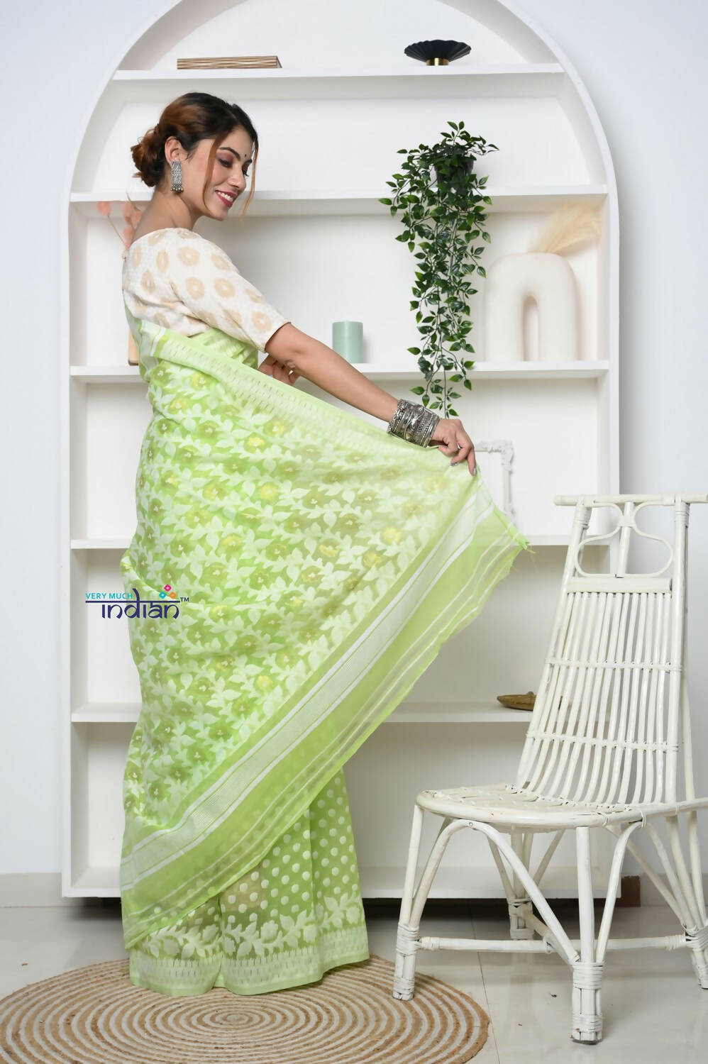 Very Much Indian Jamdhani Cotton Saree - Pista Green | Swadesiicart