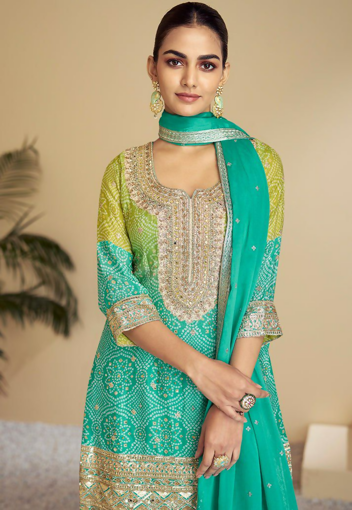 Lorenvalley Fashion Green and Teal Chinon Embroidery With Sequince Work Salwar Kameez Stitched | Swadesiicart