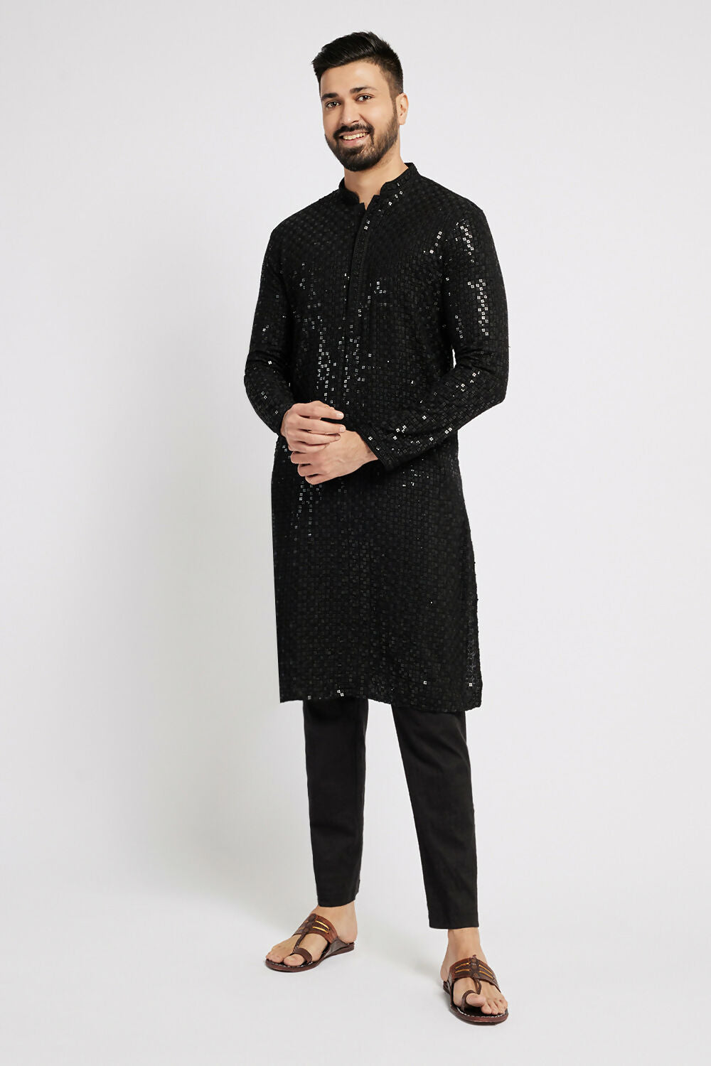 Ethnic India Black Men's Kurta Embellished Viscose Rayon | Swadesiicart