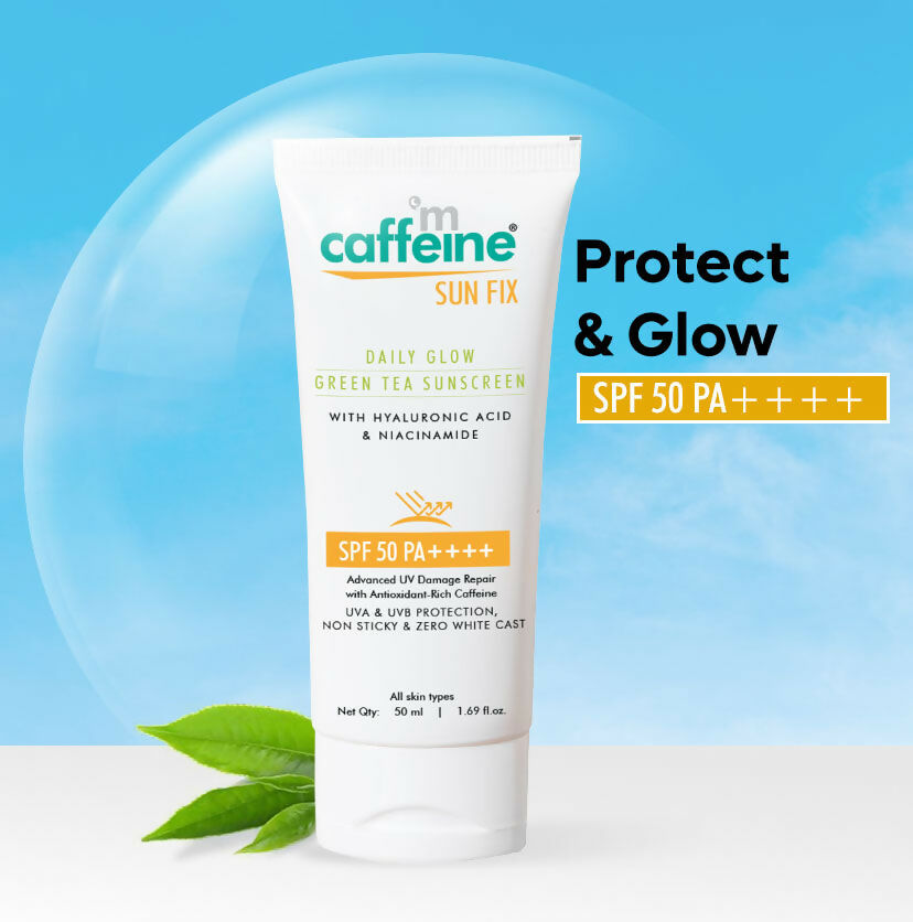 mCaffeine Sun Fix Daily Glow Green Tea Sunscreen SPF 50 PA++++ with Niacinamide, Lightweight & No White Cast - Swadesiicart