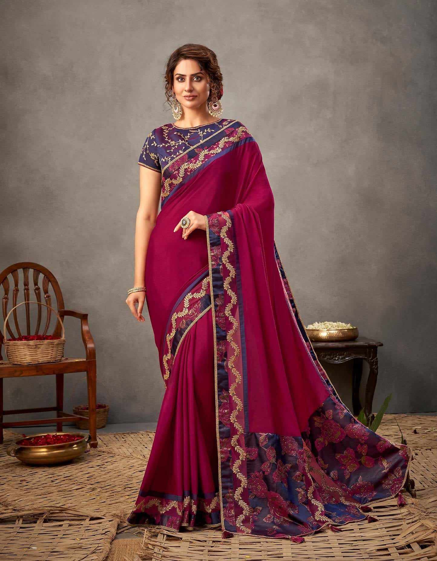 Deep Magenta And Purple Silk Georgette Cord And Sequins Embroidery Saree - Norita Arinya | Swadesiicart