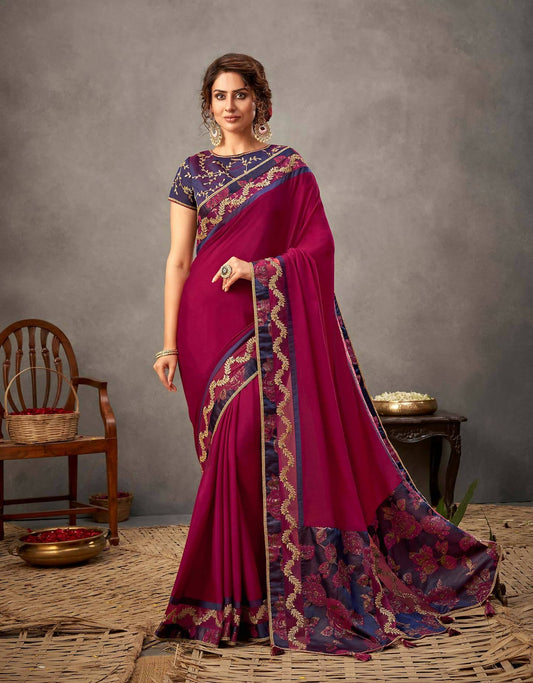 Deep Magenta And Purple Silk Georgette Cord And Sequins Embroidery Saree - Norita Arinya | Swadesiicart