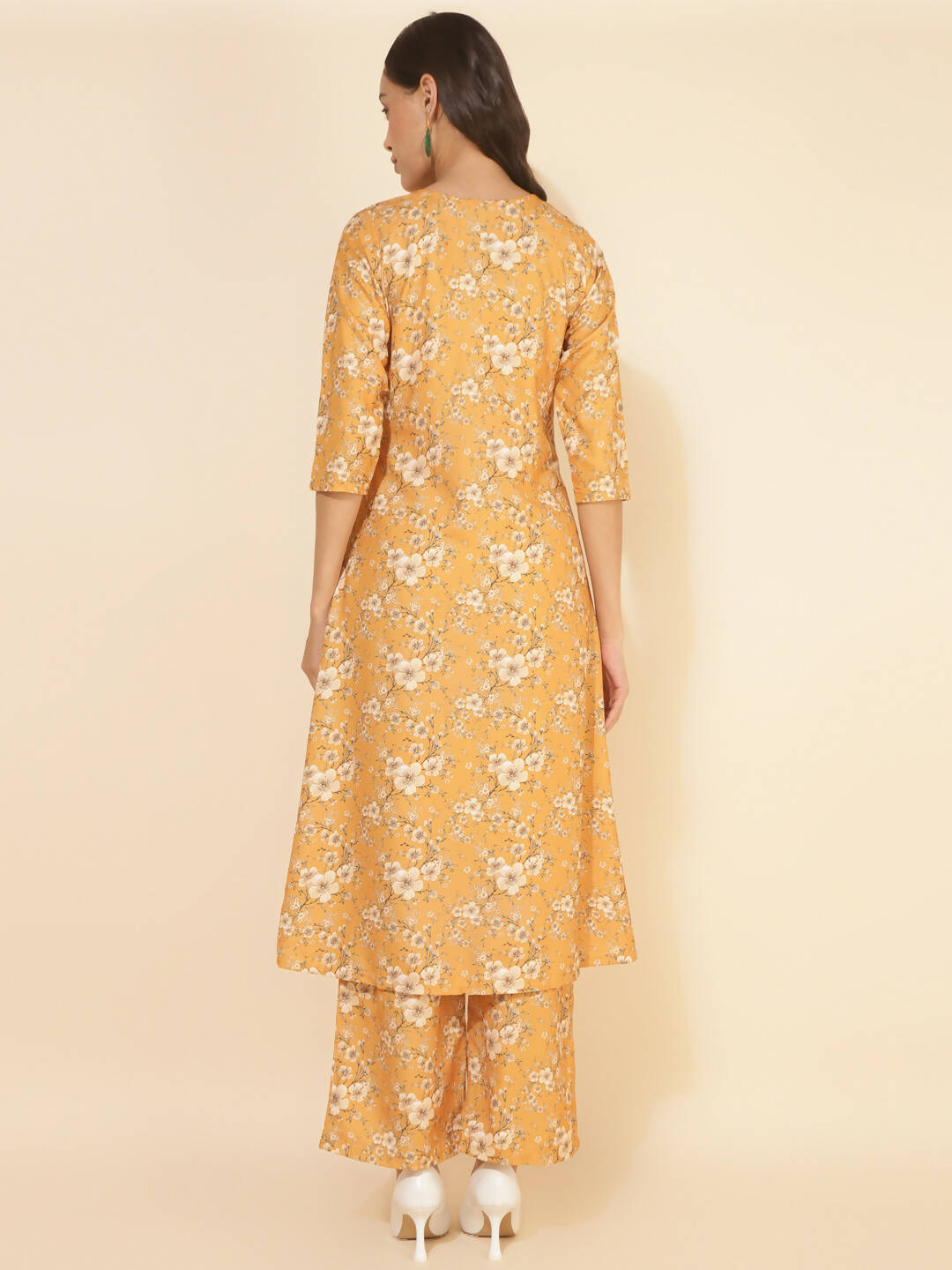 Janasya Women's Mustard Moss Floral Printed Casual Front Slit Co-ords - Swadesiicart
