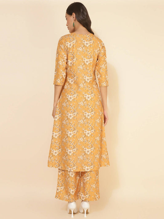 Janasya Women's Mustard Moss Floral Printed Casual Front Slit Co-ords - Swadesiicart