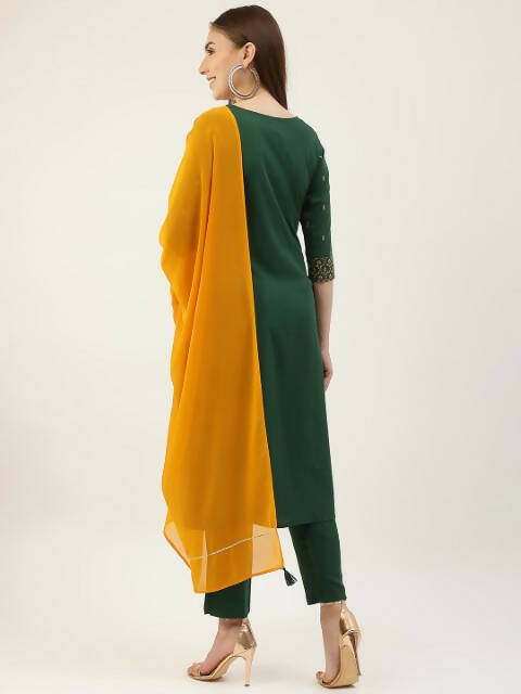 FIORRA Women's Green Poly Crepe Straight Kurta Pant With Dupatta - Swadesiicart