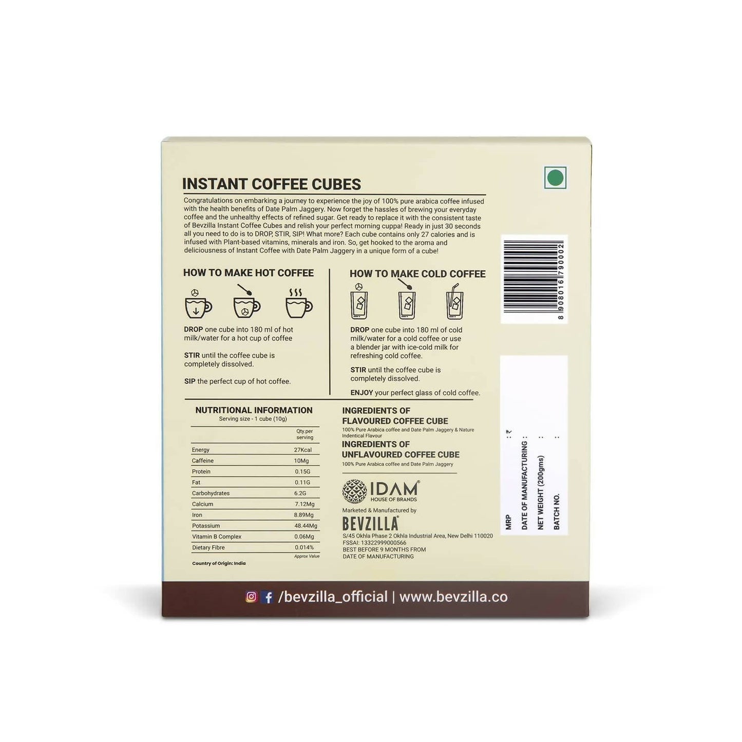 Bevzilla Instant Coffee Cubes Pack with Organic Date Palm Jaggery - Irish Cream | Swadesiicart